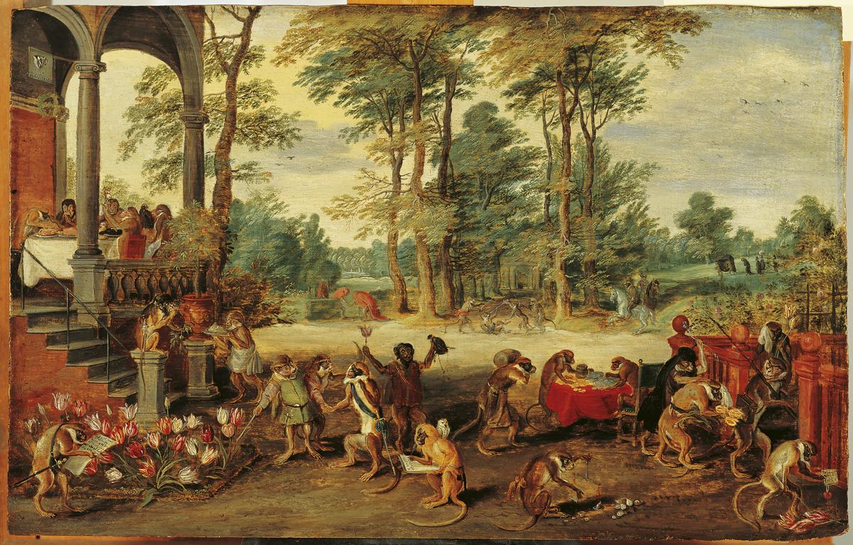Satire of Tulip Mania by Jan Brueghel the Younger (c. 1640) depicts speculators as brainless monkeys in contemporary upper-class dress. In a commentary on the economic folly, one monkey urinates on the previously valuable plants, others appear in debtor's court and one is carried to the grave.
